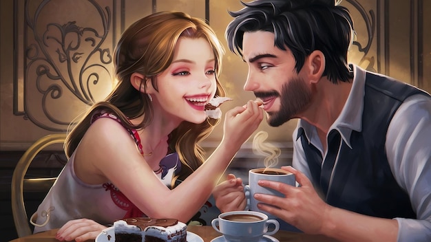 Beautiful smiling girl feeds her handsome boyfriend eating tasty cake and drinking coffee