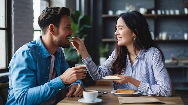 美しい笑顔の女の子がハンサムなボーイフレンドに美味しいケーキを食べコーヒーを飲ませます