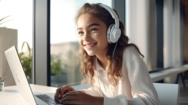 Beautiful smiling girl focus working on laptop with headset and microphone on bright background