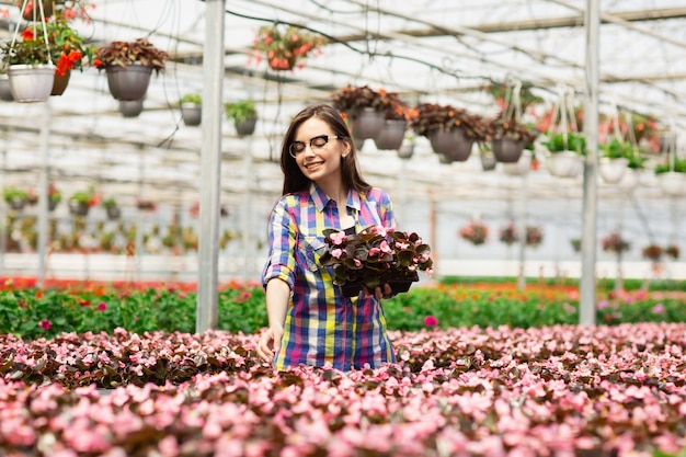 メガネ、温室の花を持つ労働者の美しい笑顔の女の子。