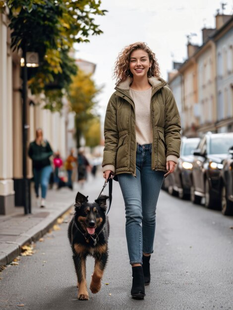 자켓을 입은 아름다운 미소 짓는 소녀가 도시 거리에서 산책하기 위해 개를 데리고 있습니다.