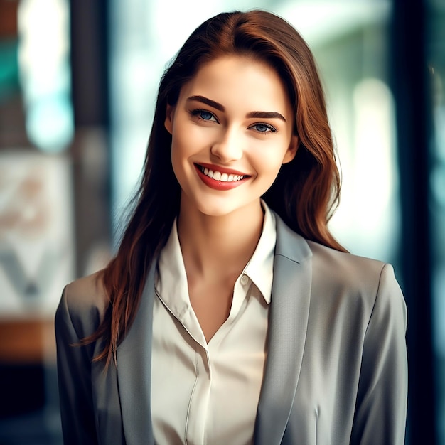 A beautiful smiling girl in an office dress