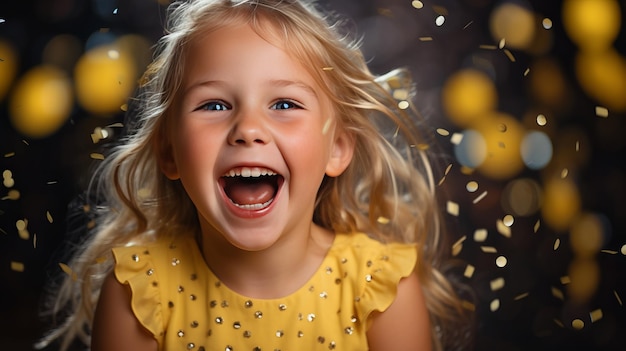 Beautiful Smiling Girl with Delight Opening a Colorful Gift Box Against Vibrant Yellow Background