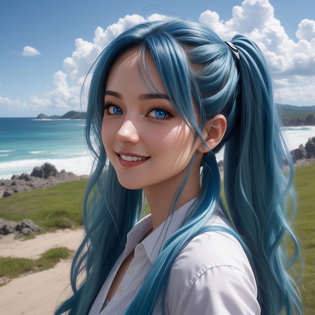 Красивая улыбающаяся девушка с длинными голубыми волнистыми волосами в белой рубашке фотогенично позирует на пляже