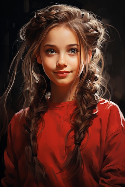 Красивая улыбающаяся девушка с длинными волосами, двумя хвостами, голубыми глазами, красным свитером