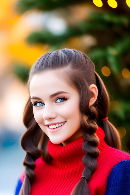 Beautiful smiling girl with long hair twintails blue eyes red sweater simple background