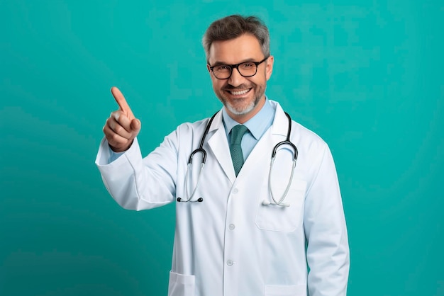 Photo beautiful smiling happy doctor pointing with finger on one color background copy space