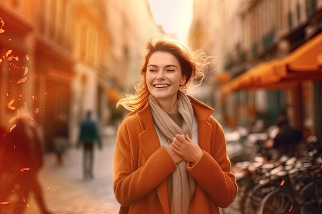 Beautiful smiling and happy woman in the street of a city Generative AI