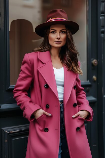 Photo beautiful smiling hipster brunette woman model in stylish pink overcoat