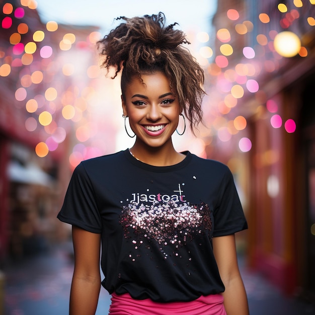 beautiful smiling latina black model with hair up at night