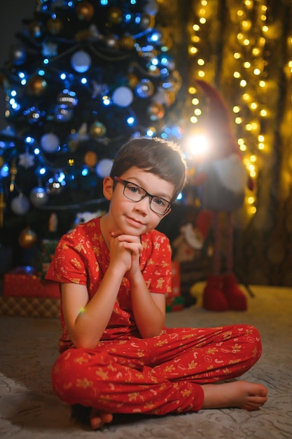 Beautiful smiling little boy near Christmas tree