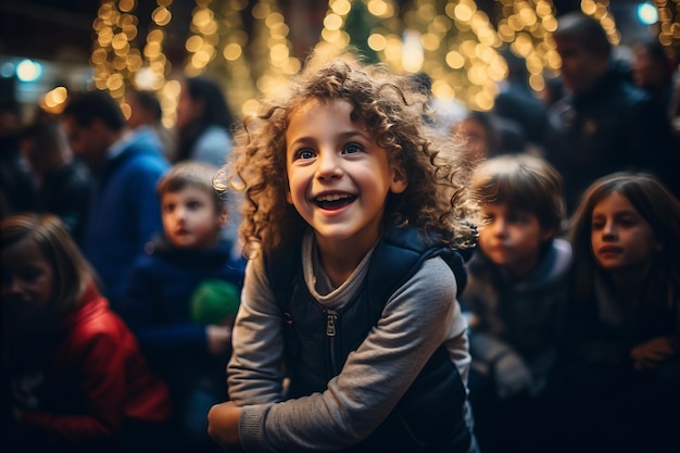 Прекрасная улыбающаяся маленькая кавказская девушка взволнована в канун Рождества