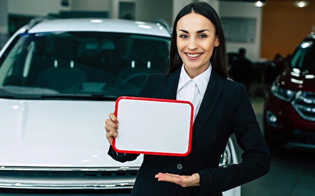 Beautiful Smiling saleswoman holding white board in hands while looking at camera in dealership