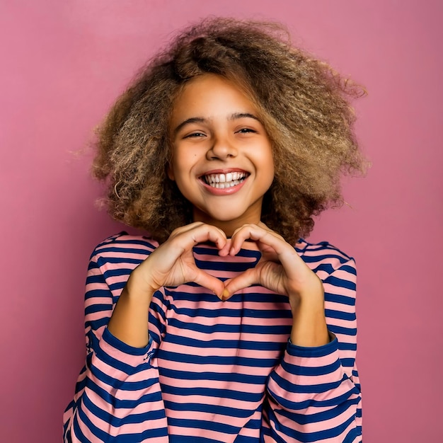 beautiful smiling teen girl makes the shape of a heart with her hands on the pink background