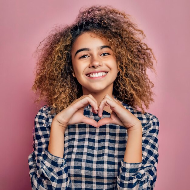 beautiful smiling teen girl makes the shape of a heart with her hands on the pink background