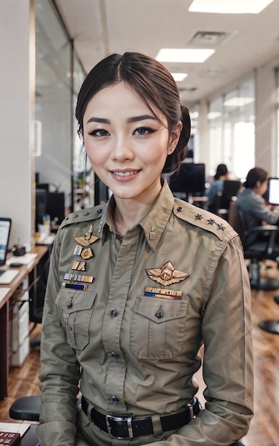 Beautiful smiling Thai asian police woman posing at police station generative AI