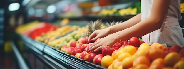 Photo a beautiful smiling woman chooses fruits and vegetables for purchase in a supermarket