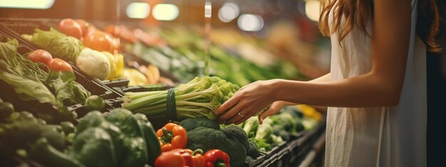 美しい笑顔の女性がスーパーマーケットで買う果物と野菜を選びます