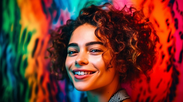 beautiful smiling woman in front of colorful abstract background Generative AI image