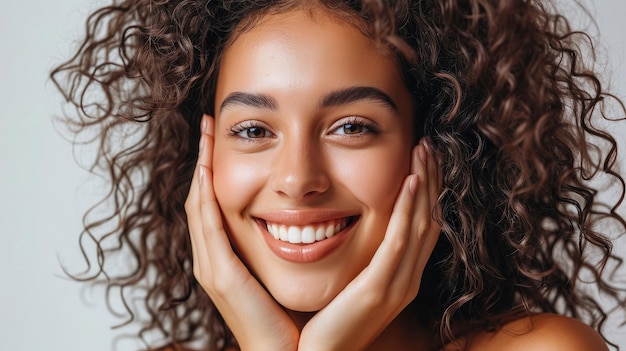 Beautiful smiling woman holding hands near face Beauty girl with curly hair Presenting your product Expressive facial expressions Wavy hairstyle