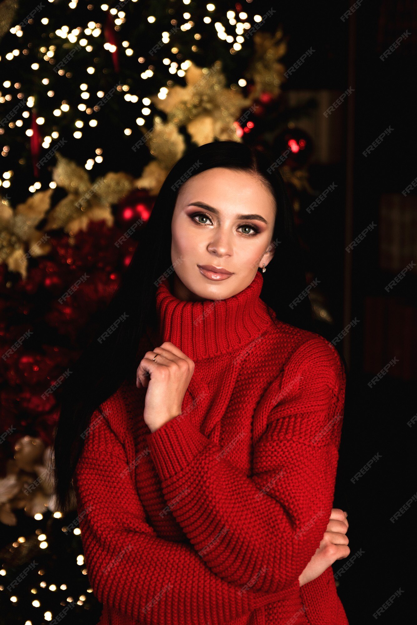 Premium Photo | Beautiful smiling woman model makeup healthy long hair style  elegant lady in red dress over christmas tree