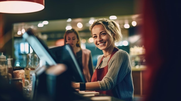 Beautiful smiling woman serving cashier in supermarket