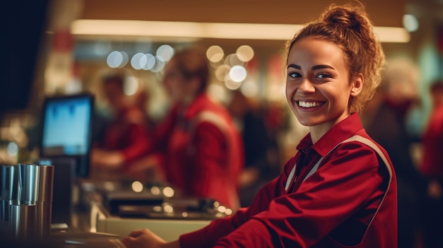 Beautiful smiling woman serving cashier in supermarket