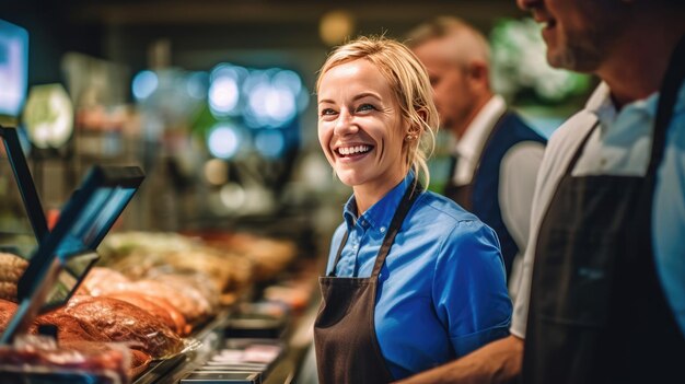 Beautiful smiling woman serving cashier in supermarket