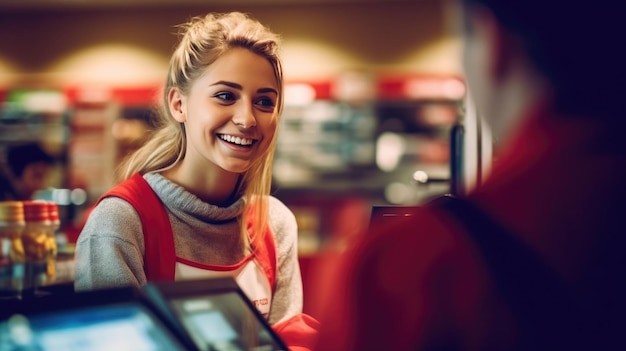 Beautiful smiling woman serving cashier in supermarket