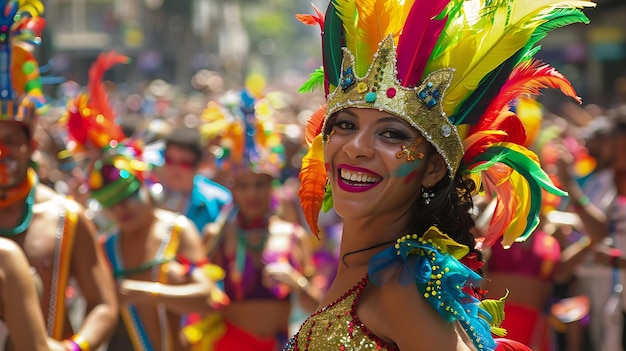 Beautiful smiling woman with colorful feathered headdress and face paint