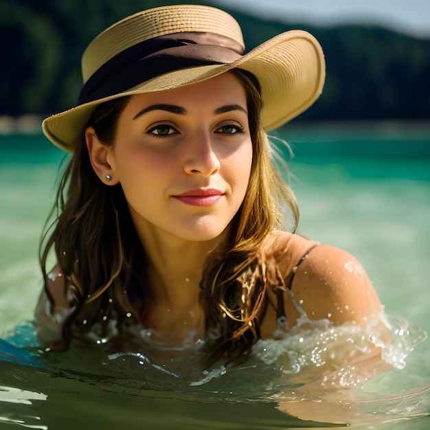 A beautiful smiling woman with a hat on head swimming on the sea