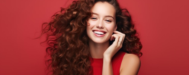 Beautiful smiling woman with long hair on red backround Generative ai