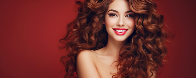 Beautiful smiling woman with long hair on red backround Generative ai