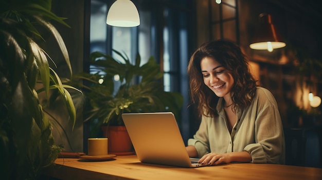 beautiful smiling woman working with laptop while sitting on bed