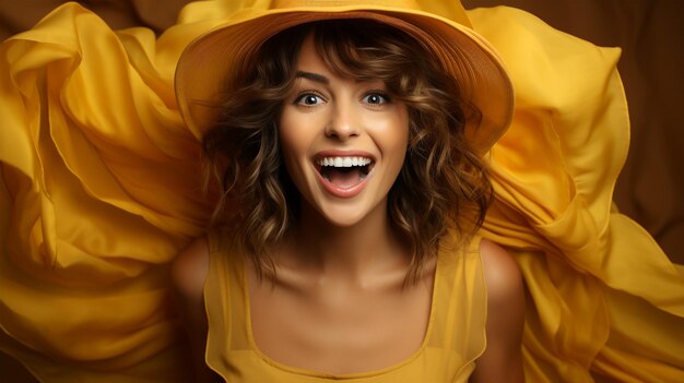 Beautiful smiling woman in yellow clothes on yellow background lifestyle concept good moods