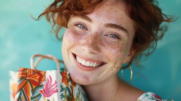 Foto bella giovane donna sorridente con le lentiggini sul viso e i capelli ricci rossi