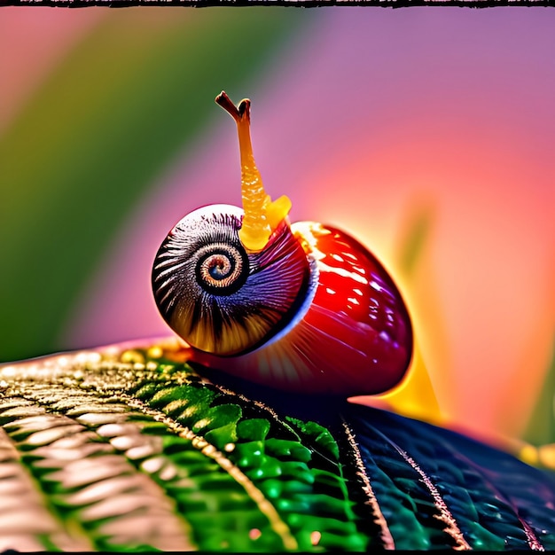 A beautiful snail with a shiny shell sits on a leaf