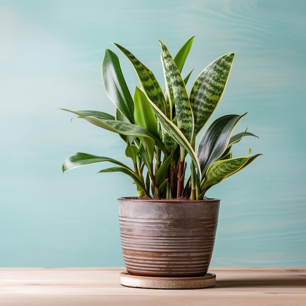 A beautiful snake plant in a ceramic pot on a wooden table