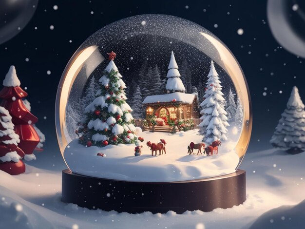 Beautiful snow globe with snowy landscape and trees on a christmas themed background