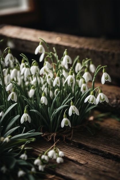 Beautiful snowdrops on old wooden background Spring flowers in the garden