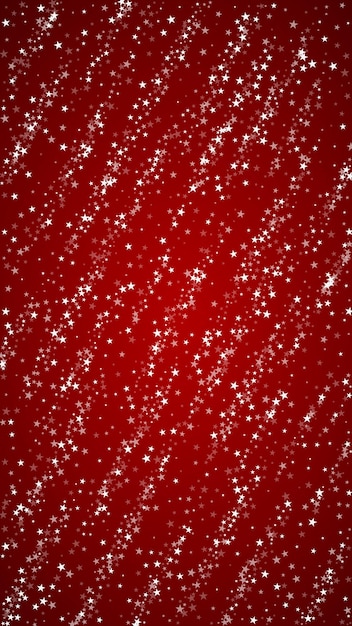 Beautiful snowfall christmas background Subtle flying snow flakes and stars on christmas red background Beautiful snowfall overlay template Vertical vector illustration