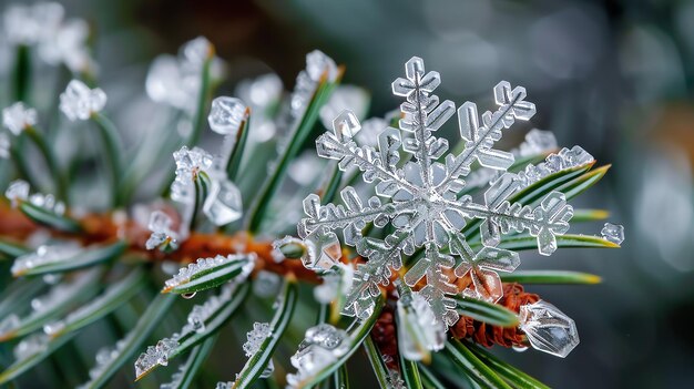 Foto un bellissimo fiocco di neve si aggrappa a un ramo di pino scintillante alla luce del sole