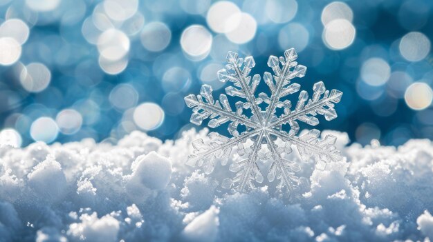 A beautiful snowflake on a snow covered surface with a blurred background of blue bokeh lights