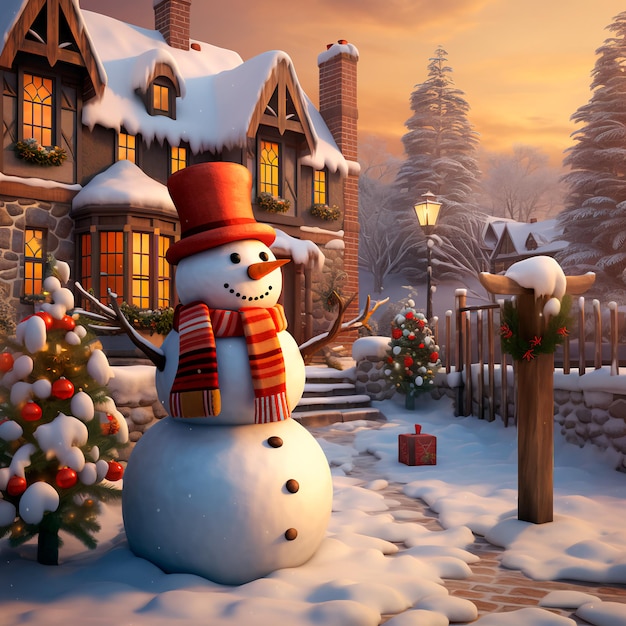 A beautiful snowman near a house decorated for Christmas Warm image colors