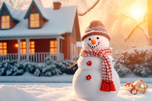 A beautiful snowman near a house decorated for Christmas Warm image colors