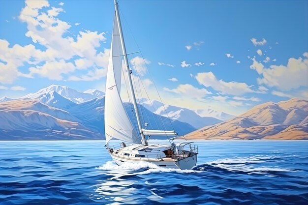 A beautiful snowwhite yacht sails in the azure sea
