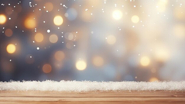 美しい雪のぼんやりした昧な冬の背景と空の木製の床