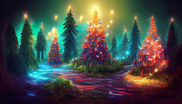 Beautiful snowy forest and abstract shiny light background generative ai