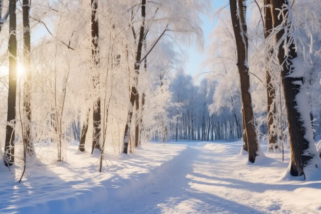 Beautiful snowy forest on sunny morning in winter