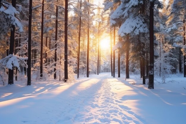 Beautiful snowy forest on sunny morning in winter